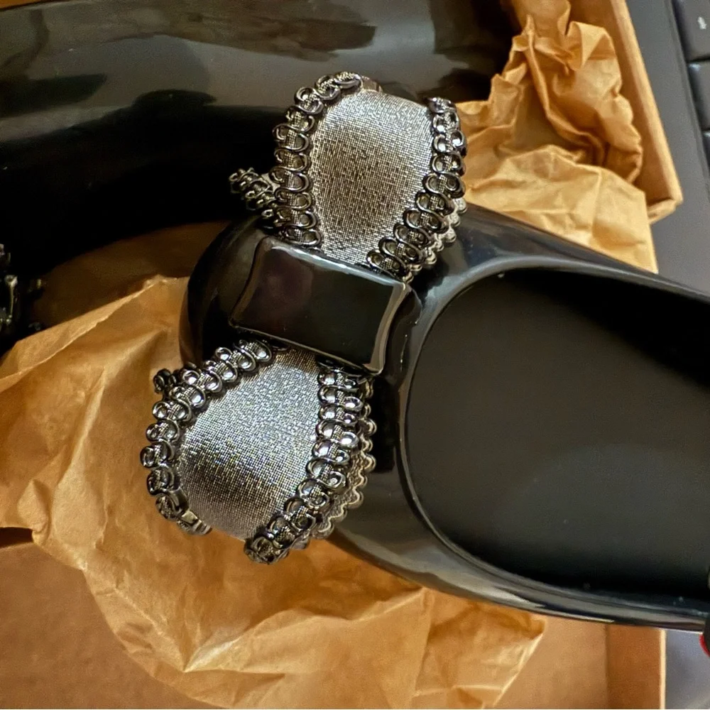 MINI MELISSA BLACK GRAY SILVER BOW SWEET LOVE IV MARY JANE SHOES - Picture 5 of 7